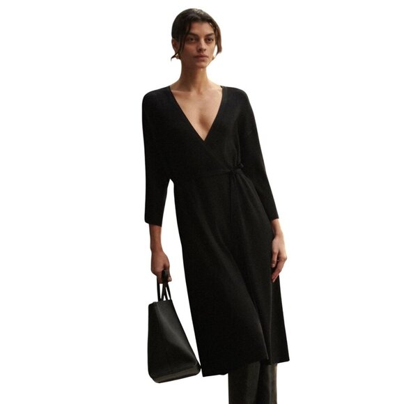 EVERLANE Ribbed Wrapped Midi Dress Black Size Small - Picture 1 of 11